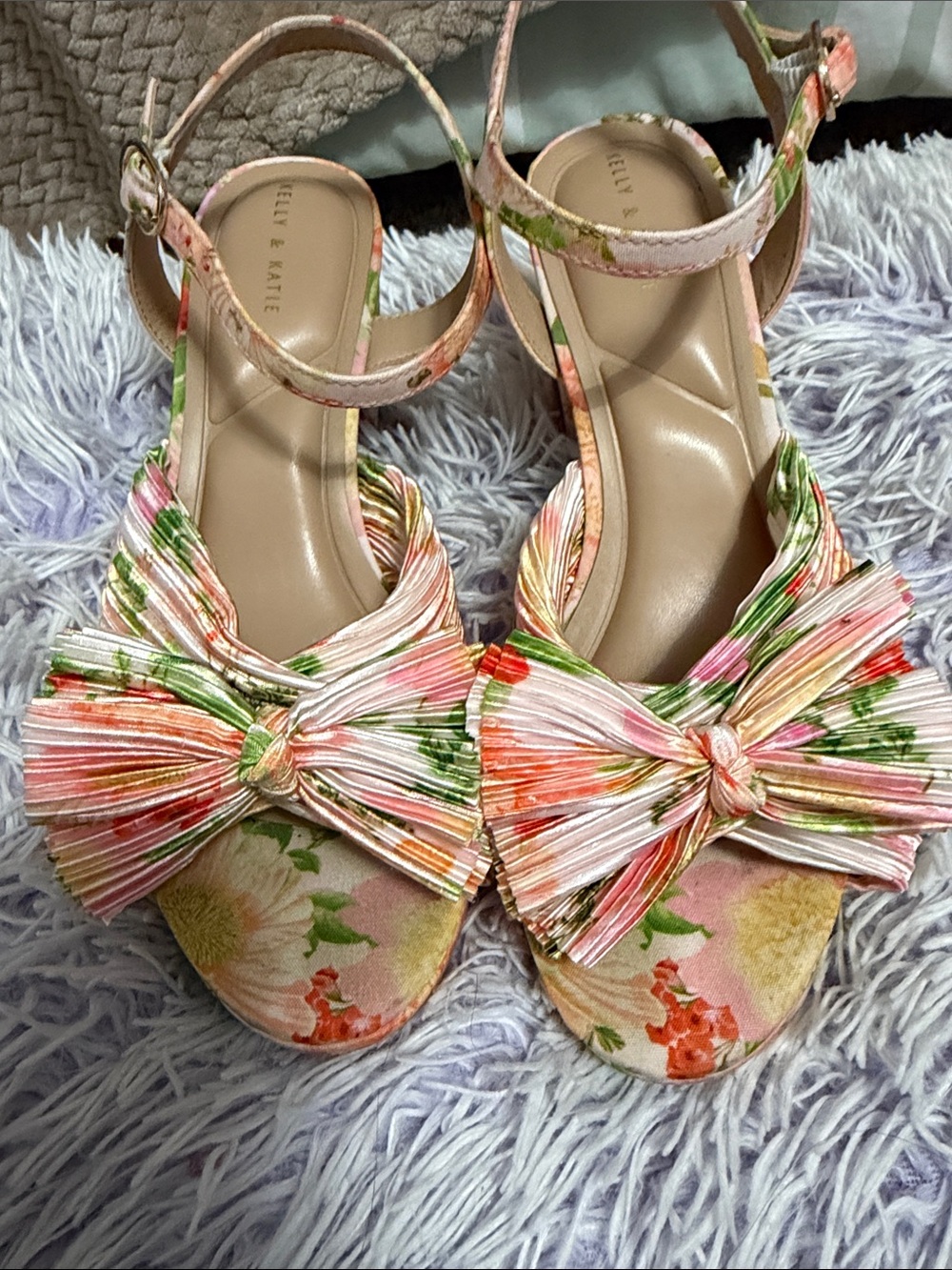 Kelly & Katie Floral Bow Ankle-Strap Sandals in Multi 3.5 inch heel